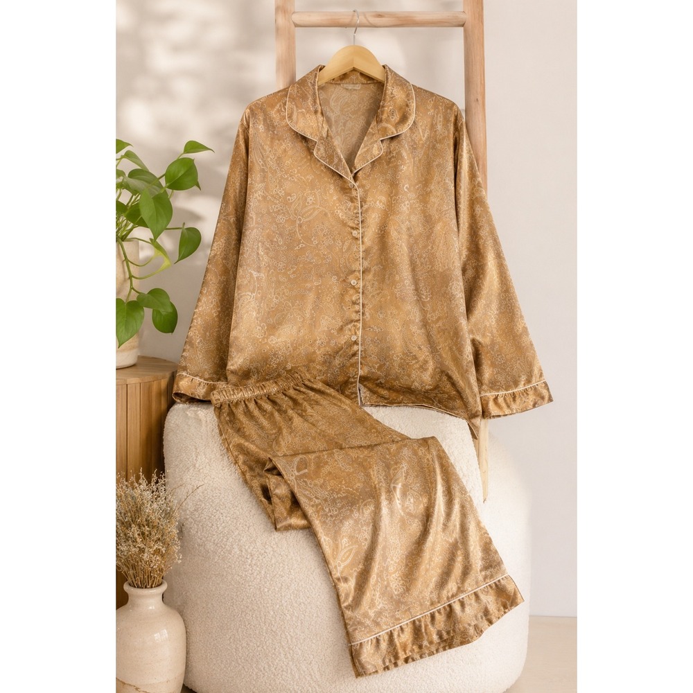 Y2K Gold Satin Paisley Pajama Set • Vintage Silky Lounge Co-ord • Matching Set